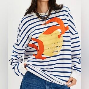 Striped Blue Sweater with Orange Fish Design
